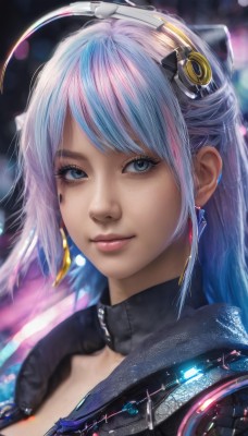 1girl,solo,long hair,breasts,looking at viewer,smile,bangs,blue eyes,hair ornament,cleavage,jewelry,closed mouth,blue hair,upper body,pink hair,ahoge,multicolored hair,earrings,choker,blurry,two-tone hair,lips,grey eyes,eyelashes,makeup,blurry background,headgear,portrait,science fiction,realistic,nose,cyberpunk,artist name,depth of field,headphones,light smile