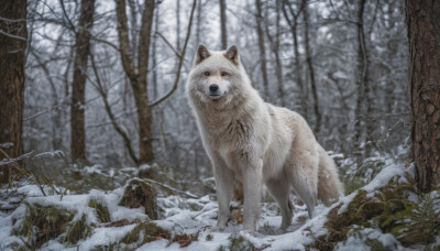 looking at viewer, outdoors, signature, blurry, tree, no humans, animal, nature, snow, forest, dog, realistic, animal focus, winter, bare tree