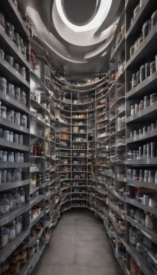 indoors,no humans,bottle,building,scenery,science fiction,city,perspective,shelf,shop,from above,stairs,too many,convenience store,loaded interior