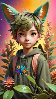 solo,looking at viewer,short hair,bangs,1boy,animal ears,closed mouth,green eyes,upper body,flower,male focus,outdoors,green hair,artist name,hood,bag,lips,fox ears,hoodie,fake animal ears,leaf,backpack,hood down,plant,child,pink flower,freckles,sunset,orange background,drawstring,male child,long sleeves,thick eyebrows,extra ears