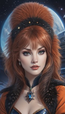 1girl,solo,long hair,breasts,looking at viewer,bangs,brown hair,hair ornament,cleavage,brown eyes,jewelry,medium breasts,upper body,earrings,parted lips,sky,choker,artist name,signature,necklace,star (symbol),orange hair,lips,fur trim,eyelashes,makeup,night,watermark,moon,feathers,gem,portrait,star (sky),full moon,starry sky,freckles,realistic,nose,red lips,lipstick,night sky