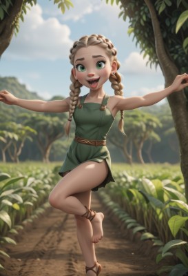 1girl,solo,long hair,breasts,looking at viewer,blush,smile,open mouth,blonde hair,brown hair,dress,bare shoulders,twintails,jewelry,green eyes,standing,collarbone,full body,braid,:d,earrings,small breasts,outdoors,sky,barefoot,teeth,sleeveless,day,tongue,artist name,cloud,tongue out,armpits,blurry,twin braids,flat chest,feet,tree,blue sky,bare arms,bare legs,toes,depth of field,blurry background,upper teeth only,short dress,leg up,sandals,happy,standing on one leg,thick eyebrows,grass,outstretched arms,child,nature,forehead,freckles,toenails,green dress,running,spread arms,female child,road,dirty feet,thighs,belt,legs,brown footwear,aged down,anklet