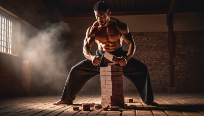 solo,short hair,black hair,1boy,standing,full body,male focus,barefoot,pants,indoors,window,muscular,facial hair,scar,bandages,black pants,abs,pectorals,muscular male,beard,smoke,topless male,fighting stance,goatee,manly,belt,shadow,mustache,wall,brick wall