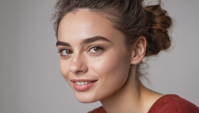 1girl,solo,looking at viewer,smile,short hair,simple background,brown hair,shirt,brown eyes,parted lips,teeth,grey background,grin,lips,red shirt,portrait,forehead,realistic,nose,eyelashes,thick eyebrows