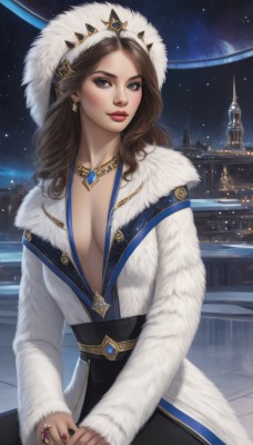 1girl,solo,long hair,breasts,looking at viewer,smile,brown hair,long sleeves,hat,dress,cleavage,brown eyes,jewelry,medium breasts,sitting,collarbone,multicolored hair,earrings,outdoors,parted lips,sky,hood,necklace,lips,coat,fur trim,no bra,makeup,night,ring,crown,building,gem,star (sky),night sky,pendant,starry sky,nose,white coat,winter clothes,red lips,cityscape,fur-trimmed coat,fur hat,blue gemstone,fur coat,blush,closed mouth,artist name,nail polish,wavy hair,own hands together,lipstick,realistic