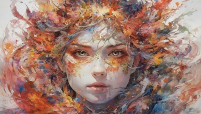 1girl,solo,long hair,looking at viewer,white background,closed mouth,parted lips,black eyes,lips,grey eyes,eyelashes,floating hair,leaf,portrait,autumn leaves,simple background,brown hair,green eyes,orange hair,facial mark,realistic,nose,autumn