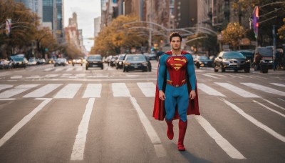 solo,looking at viewer,short hair,black hair,1boy,full body,male focus,boots,outdoors,cape,blurry,tree,bodysuit,muscular,blurry background,muscular male,ground vehicle,building,red footwear,motor vehicle,walking,running,city,realistic,red cape,car,road,superhero,street,red bodysuit,blue bodysuit,photo background,smile,shirt,long sleeves,closed mouth,standing,sky,day,belt,black eyes,cosplay,shadow,facial hair,red shirt