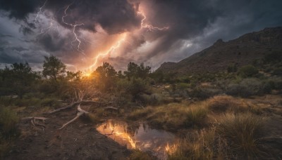 outdoors,sky,cloud,water,tree,no humans,cloudy sky,grass,fire,nature,scenery,forest,mountain,electricity,road,river,lightning,landscape,path,fantasy