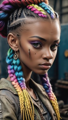 1girl,solo,long hair,looking at viewer,blonde hair,hair ornament,jewelry,closed mouth,green eyes,blue hair,jacket,upper body,pink hair,purple hair,braid,red hair,multicolored hair,earrings,artist name,dark skin,necklace,mole,blurry,twin braids,two-tone hair,dark-skinned female,lips,eyelashes,mole under eye,gradient hair,makeup,depth of field,blurry background,facial mark,lipstick,portrait,web address,forehead,eyeshadow,realistic,nose,eyeliner,very dark skin,mascara,dreadlocks,multiple braids,hairclip,chain,watermark,piercing,ear piercing,zipper,freckles,pink lips,alternate hair color,purple lips,chain necklace