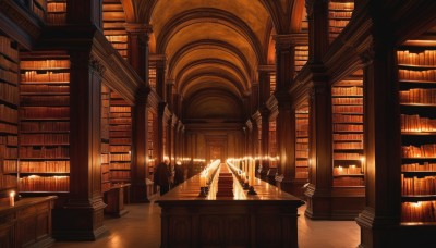 1girl,long hair,1boy,sitting,multiple boys,indoors,2boys,book,chair,table,scenery,robe,stairs,bookshelf,candle,pillar,book stack,library,orange theme,candlestand,voile,no humans,fire,torch