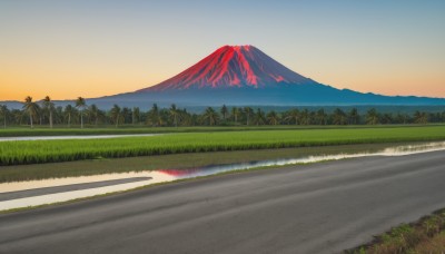 outdoors,sky,cloud,water,tree,no humans,grass,nature,scenery,forest,reflection,sunset,mountain,road,river,landscape,mountainous horizon,gradient sky,lake,hill,mount fuji