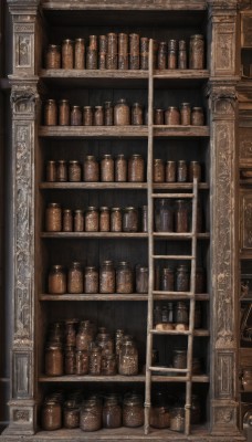 indoors,book,no humans,bottle,scenery,realistic,bookshelf,shelf,library,jar,still life,food,shop