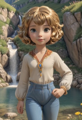 1girl,solo,looking at viewer,smile,short hair,bangs,blue eyes,blonde hair,brown hair,shirt,long sleeves,jewelry,standing,white shirt,flower,cowboy shot,outdoors,parted lips,day,pants,water,necklace,blurry,black eyes,flat chest,bracelet,lips,hand on hip,grey eyes,blurry background,denim,child,nature,freckles,curly hair,jeans,rock,blue pants,female child,river,waterfall,high-waist pants,breasts,brown eyes,collarbone,thigh gap,grass,blouse,gem