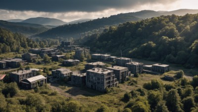 outdoors,sky,day,cloud,tree,no humans,cloudy sky,grass,building,nature,scenery,forest,mountain,road,house,landscape,hill,ground vehicle,motor vehicle