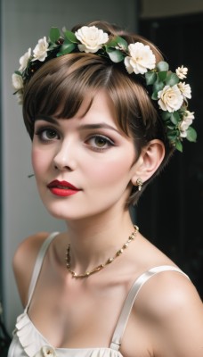 1girl,solo,breasts,looking at viewer,short hair,bangs,brown hair,hair ornament,dress,cleavage,bare shoulders,brown eyes,jewelry,medium breasts,collarbone,upper body,flower,earrings,small breasts,sleeveless,hair flower,necklace,white dress,blurry,lips,eyelashes,makeup,blurry background,white flower,lipstick,freckles,realistic,nose,red lips,head wreath,parted lips,portrait