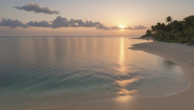 outdoors,sky,cloud,water,tree,no humans,ocean,beach,sunlight,cloudy sky,nature,scenery,reflection,sunset,sand,palm tree,sun,horizon,waves,evening,shore,orange sky,island,plant,forest