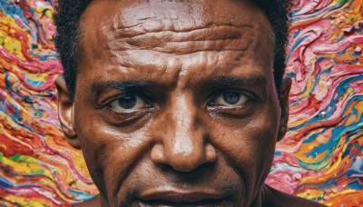 solo,looking at viewer,black hair,1boy,closed mouth,male focus,dark skin,black eyes,grey eyes,dark-skinned male,portrait,close-up,realistic,bald,very short hair,facial hair,beard,mustache,manly,multicolored background,old man,abstract background