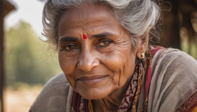 1girl,solo,looking at viewer,smile,brown eyes,jewelry,upper body,white hair,grey hair,earrings,outdoors,parted lips,necklace,blurry,lips,depth of field,blurry background,facial mark,portrait,forehead mark,realistic,nose,old,old man,old woman,wrinkled skin,short hair,closed mouth