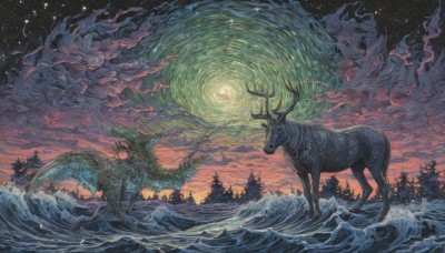 outdoors,horns,sky,cloud,water,tree,no humans,night,ocean,animal,moon,cloudy sky,star (sky),nature,night sky,scenery,full moon,forest,starry sky,fantasy,dragon,antlers,waves,deer,reindeer,sun