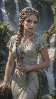 1girl,solo,long hair,breasts,looking at viewer,blue eyes,blonde hair,brown hair,dress,cleavage,jewelry,medium breasts,standing,braid,short sleeves,cowboy shot,earrings,outdoors,parted lips,day,artist name,signature,water,necklace,white dress,tree,lips,grey eyes,single braid,bird,leaf,sunlight,tiara,plant,nature,hair over shoulder,rock,realistic,nose,fantasy,dappled sunlight,waterfall,moss,blush,closed mouth,fingernails,watermark,crown,web address,freckles,gold trim,braided ponytail,patreon username,gold