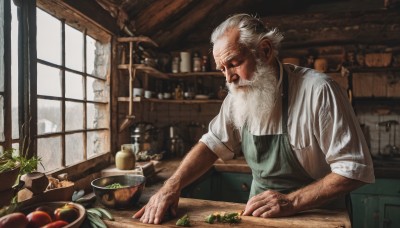 solo,shirt,1boy,closed mouth,closed eyes,white shirt,upper body,white hair,male focus,food,day,indoors,blurry,apron,cup,window,fruit,facial hair,scar,table,plant,beard,scar on face,sleeves rolled up,bowl,realistic,mustache,apple,basket,potted plant,old,old man,cooking,kitchen,arm hair,green apron,wrinkled skin,onion,from side,profile,depth of field,blurry background,bottle,scar across eye,manly,sleeves pushed up,jar,tomato,vegetable,counter,faucet,potato,cutting board,radish