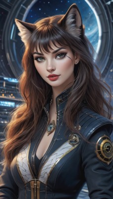 1girl,solo,long hair,breasts,looking at viewer,bangs,brown hair,animal ears,cleavage,brown eyes,jewelry,medium breasts,green eyes,jacket,upper body,earrings,parted lips,artist name,cat ears,necklace,mole,lips,animal ear fluff,eyelashes,makeup,wavy hair,lipstick,extra ears,pendant,red lips,space,planet,blush,signature,fox ears,bodysuit,zipper,freckles,realistic,nose,eyeliner,badge,mascara