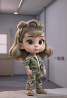 1girl,solo,long hair,looking at viewer,brown hair,shirt,long sleeves,brown eyes,closed mouth,standing,jacket,full body,white shirt,boots,pants,indoors,medium hair,hair bun,chibi,blurry,uniform,lips,military,military uniform,blurry background,brown footwear,thick eyebrows,child,freckles,pocket,green jacket,female child,camouflage,jumpsuit,green pants,camouflage jacket,camouflage pants,single hair bun,realistic,nose