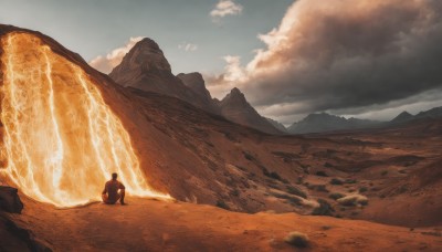 solo,1boy,standing,outdoors,food,sky,day,cloud,from behind,blue sky,no humans,fruit,cloudy sky,scenery,1other,rock,mountain,sand,ambiguous gender,desert,sitting,male focus,wide shot,landscape,molten rock