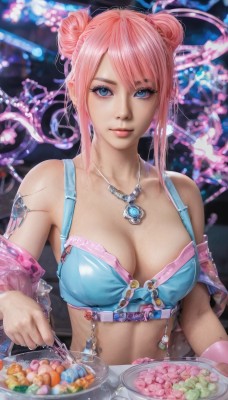 1girl,solo,breasts,looking at viewer,short hair,bangs,blue eyes,large breasts,holding,cleavage,bare shoulders,jewelry,medium breasts,collarbone,upper body,pink hair,food,midriff,necklace,hair bun,blurry,lips,crop top,eyelashes,double bun,makeup,blurry background,swept bangs,scar,plate,realistic,closed mouth,underwear,bra,tattoo,suspenders,gem,fork,hyur