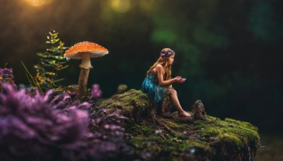 1girl,solo,long hair,blue eyes,blonde hair,brown hair,hair ornament,dress,holding,bare shoulders,sitting,flower,outdoors,barefoot,hair flower,blurry,from side,tree,profile,depth of field,blurry background,blue dress,grass,plant,nature,forest,rock,mushroom,moss,sleeveless,bare arms,bare legs,sleeveless dress,scenery,strapless dress,realistic,head wreath,wide shot