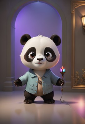 solo,looking at viewer,smile,1boy,holding,brown eyes,jewelry,standing,jacket,full body,male focus,indoors,no humans,window,night,blue jacket,staff,gem,furry,reflection,door,wand,furry male,panda,doorway,animal ears,teeth,leaf,white fur,tanuki