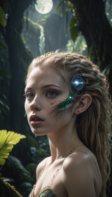 1girl,solo,long hair,breasts,looking at viewer,blue eyes,blonde hair,hair ornament,cleavage,bare shoulders,jewelry,upper body,braid,earrings,small breasts,outdoors,parted lips,necklace,blurry,tree,lips,wet,eyelashes,night,depth of field,blurry background,leaf,moon,plant,gem,portrait,nature,full moon,forest,freckles,science fiction,realistic,nose,moonlight,brown hair,collarbone,artist name,from side,makeup,glowing,facial mark,piercing,sunlight,backlighting,curly hair,android,facepaint,dappled sunlight,mascara