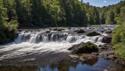 outdoors,sky,day,cloud,water,tree,blue sky,no humans,bird,nature,scenery,forest,reflection,rock,mountain,river,waterfall,landscape,lake