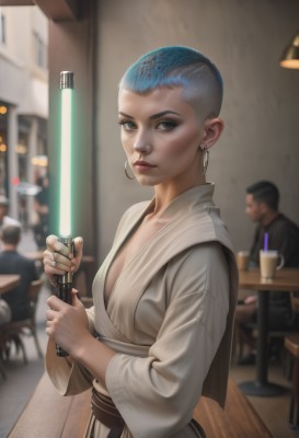 1girl,breasts,looking at viewer,short hair,1boy,holding,cleavage,jewelry,blue hair,weapon,earrings,small breasts,solo focus,belt,sword,indoors,holding weapon,blurry,cup,lips,grey eyes,makeup,blurry background,holding sword,table,ring,science fiction,drinking straw,robe,hoop earrings,realistic,nose,very short hair,dougi,energy sword,restaurant,cafe,lightsaber,blue eyes,medium breasts,multicolored hair,multiple boys,two-tone hair,watermark,chair,piercing,asymmetrical hair,mohawk