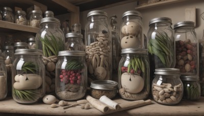 food,indoors,no humans,fruit,bird,animal,bottle,plant,scenery,apple,basket,mushroom,shelf,grapes,bear,food focus,jar,leaf,egg,statue