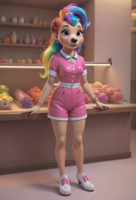 1girl,solo,long hair,breasts,looking at viewer,blush,smile,blonde hair,shirt,hair ornament,animal ears,jewelry,closed mouth,blue hair,standing,purple eyes,full body,ponytail,purple hair,short sleeves,multicolored hair,earrings,small breasts,food,green hair,shoes,shorts,shiny,collared shirt,artist name,indoors,signature,dark skin,star (symbol),nail polish,orange hair,blurry,black eyes,high heels,bracelet,two-tone hair,dark-skinned female,streaked hair,short shorts,makeup,:3,buttons,fruit,blurry background,happy,white footwear,lipstick,wristband,furry,eyeshadow,personification,freckles,pink shirt,furry female,apple,bangle,body fur,bear ears,animal nose,bear,pink shorts,counter,short jumpsuit,blue eyeshadow,rainbow hair,bangs,blue eyes,bow,pink hair,mole,bare legs,gradient hair,watermark,bottle,shelf