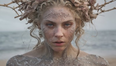 1girl,solo,looking at viewer,short hair,blue eyes,blonde hair,outdoors,parted lips,day,water,blurry,lips,blurry background,ocean,beach,portrait,realistic,sand,closed mouth,upper body,eyelashes,depth of field,close-up,freckles,straight-on