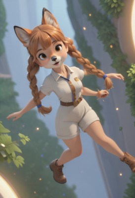 1girl,solo,long hair,breasts,looking at viewer,smile,open mouth,bangs,brown hair,shirt,animal ears,twintails,brown eyes,jewelry,full body,white shirt,braid,short sleeves,small breasts,boots,outdoors,shoes,shorts,day,collared shirt,belt,artist name,blurry,twin braids,bracelet,tree,animal ear fluff,fox ears,blurry background,brown footwear,happy,outstretched arms,fox girl,dog ears,nature,furry,forest,pocket,white shorts,furry female,brown belt,animal nose,teeth,dutch angle,buttons,plant,freckles