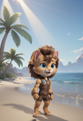 solo,smile,open mouth,blue eyes,brown hair,shirt,1boy,animal ears,jewelry,standing,tail,full body,male focus,outdoors,sky,shorts,barefoot,teeth,sleeveless,day,belt,artist name,cloud,signature,water,vest,bracelet,tree,blue sky,sleeveless shirt,bird,ocean,watermark,beach,happy,sunlight,wristband,furry,clenched hands,light rays,sand,palm tree,sun,horizon,furry male,male child,body fur,animal nose,brown vest,snout,brown fur,cat boy,seagull,footprints,lion boy,short hair,bangs,bare shoulders,necklace,looking to the side,shadow,freckles,arms at sides,lion ears,brown shorts,two-tone fur,shore,mohawk