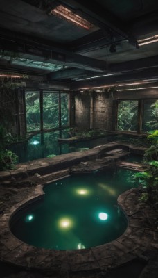 indoors,water,tree,no humans,window,glowing,sunlight,plant,nature,scenery,forest,ruins,moss,overgrown,reflection,science fiction,light,ceiling light