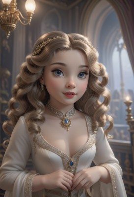 1girl,solo,long hair,breasts,looking at viewer,blue eyes,blonde hair,brown hair,hair ornament,long sleeves,dress,cleavage,jewelry,medium breasts,upper body,earrings,small breasts,parted lips,choker,indoors,wide sleeves,necklace,nail polish,white dress,blurry,lips,grey eyes,depth of field,blurry background,gem,red nails,freckles,curly hair,realistic,candle,chandelier,blush,smile,collarbone,hairband,teeth,eyelashes,window,watermark,wavy hair,forehead,nose