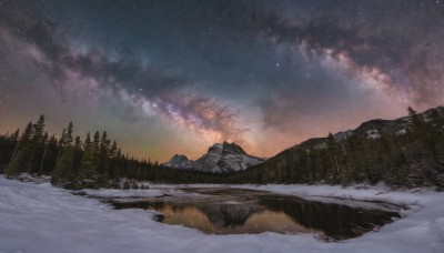 outdoors,sky,cloud,signature,water,tree,no humans,night,cloudy sky,star (sky),nature,night sky,scenery,snow,forest,starry sky,reflection,sunset,mountain,winter,river,landscape,pine tree,snowing,lake,milky way