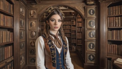 1girl,solo,long hair,looking at viewer,brown hair,shirt,black hair,long sleeves,brown eyes,closed mouth,white shirt,upper body,braid,indoors,vest,twin braids,lips,book,hair over shoulder,realistic,nose,clock,bookshelf,shelf,brown vest,library,steampunk,jewelry,black eyes,makeup