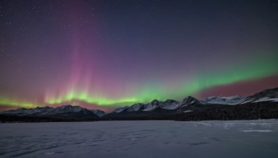 outdoors,sky,tree,no humans,night,star (sky),nature,night sky,scenery,snow,forest,starry sky,mountain,landscape,mountainous horizon,lake,aurora,water,ocean