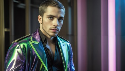 HQ,solo,looking at viewer,short hair,brown hair,shirt,black hair,1boy,brown eyes,closed mouth,jacket,upper body,male focus,open clothes,collared shirt,indoors,blurry,black eyes,vest,open jacket,lips,black shirt,blurry background,facial hair,realistic,stubble,purple jacket,dress shirt,very short hair