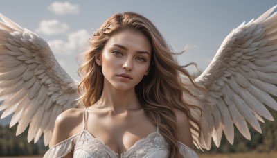 1girl,solo,long hair,breasts,looking at viewer,brown hair,hair ornament,dress,cleavage,bare shoulders,brown eyes,medium breasts,closed mouth,collarbone,upper body,outdoors,wings,sky,day,cloud,white dress,blurry,blue sky,lips,blurry background,wavy hair,feathered wings,angel wings,realistic,nose,white wings,angel,large breasts,underwear,bra,sunlight