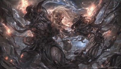 long hair,1boy,weapon,white hair,male focus,multiple boys,teeth,belt,pants,artist name,signature,2boys,armor,muscular,glowing,scar,helmet,fire,muscular male,shoulder armor,gauntlets,glowing eyes,beard,pauldrons,fighting stance,electricity,battle,manly,lightning,fighting,open mouth,blonde hair,outdoors,wings,sky,looking at another,facial hair,veins