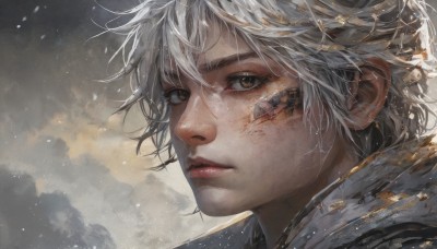 1girl,solo,looking at viewer,short hair,bangs,1boy,brown eyes,closed mouth,white hair,grey hair,male focus,cloud,lips,eyelashes,cloudy sky,messy hair,portrait,close-up,realistic,nose,hair between eyes,snow,freckles,snowing,dirty face