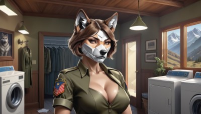 1girl,solo,breasts,looking at viewer,short hair,bangs,large breasts,brown hair,shirt,animal ears,cleavage,brown eyes,collarbone,jacket,upper body,short sleeves,collared shirt,indoors,uniform,military,window,military uniform,mask,plant,curtains,genderswap,dog ears,genderswap (mtf),mirror,green shirt,mouth mask,potted plant,lamp,clothes hanger,blinds,closed mouth,sky,lips,animal ear fluff,parted bangs,fake animal ears,dog,mountain,dog girl,badge,military jacket,radio