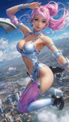 1girl,solo,long hair,breasts,looking at viewer,smile,blue eyes,large breasts,thighhighs,navel,cleavage,bare shoulders,jewelry,collarbone,ponytail,pink hair,earrings,boots,outdoors,parted lips,sky,choker,day,midriff,cloud,armpits,arm up,high heels,bracelet,blue sky,lips,floating hair,ring,armlet,flying,science fiction,city,aircraft,cityscape,midair,medium breasts,shoes,detached collar,armband,realistic